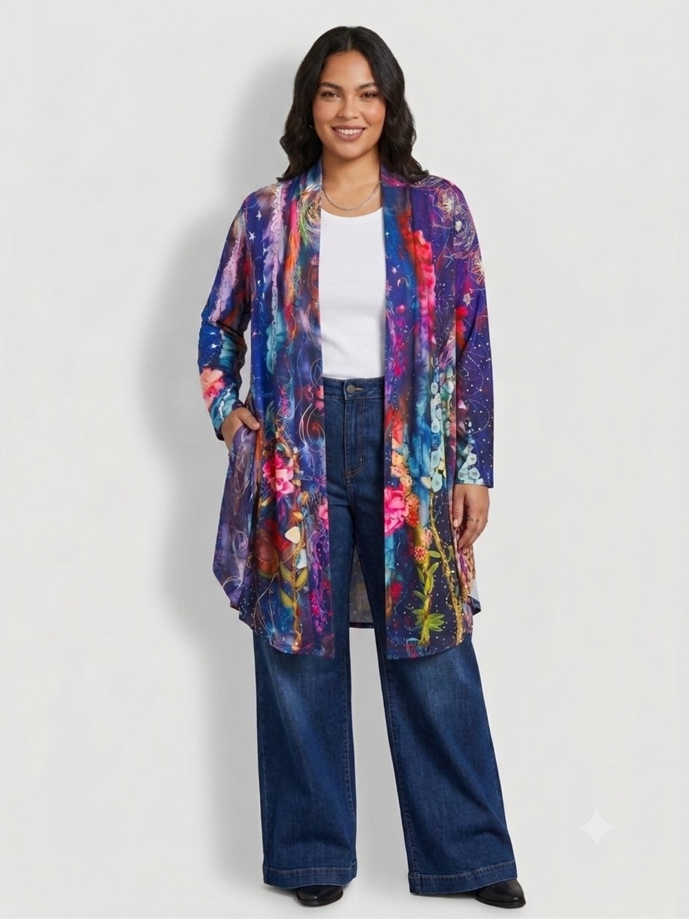 Galaxy Floral Long Kimono Cardigan - Purple Multi